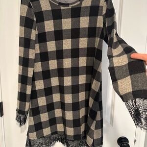Plaid Black and Cream Women's Dress with Lace Trim